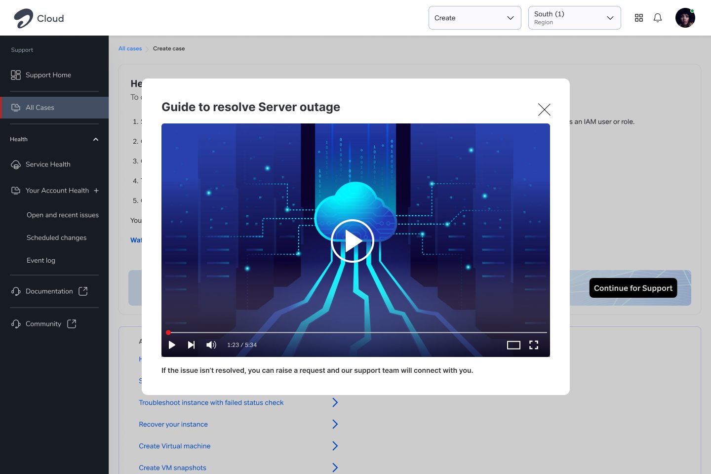 Guided video to resolve a server outage before raising a ticket