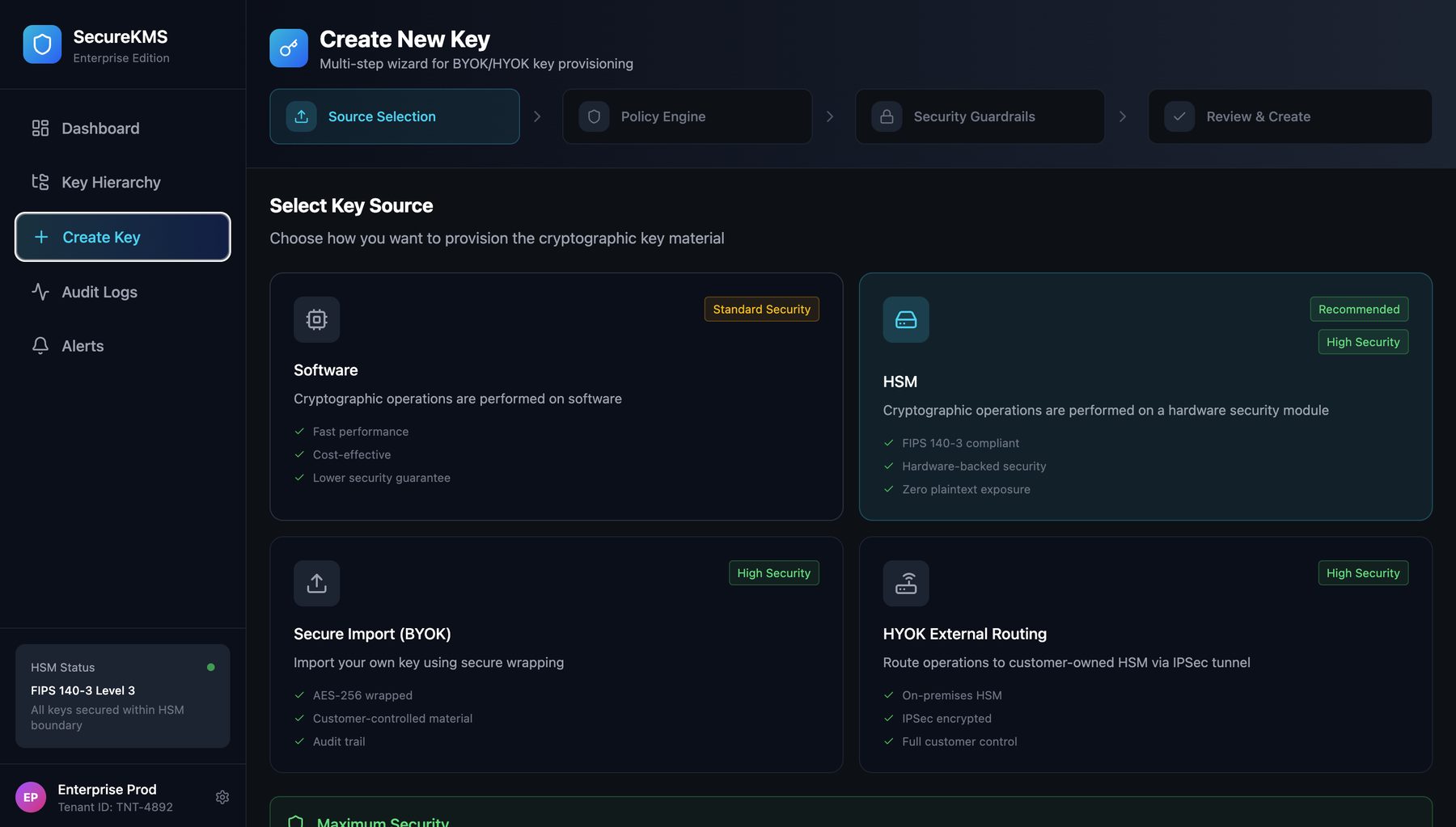 KMS screen choosing between Software, HSM, BYOK and HYOK keys